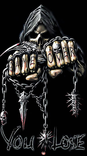 Grim Reaper Skeleton with Chained Fists and Game Over Text on Black Background HD phone wallpaper