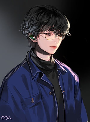Jungkook BTS Fanart: Anime-Style Portrait with Glasses and Blue Jacket HD phone wallpaper