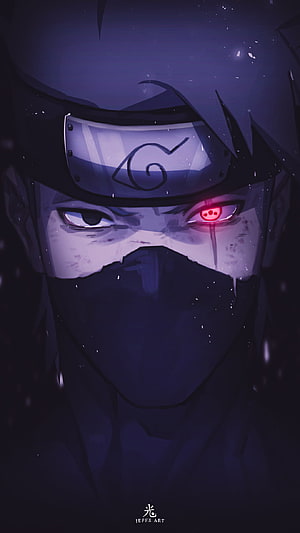 Hatake Kakashi Sharingan Close-Up Portrait in Dark Purple Anime Style HD phone wallpaper
