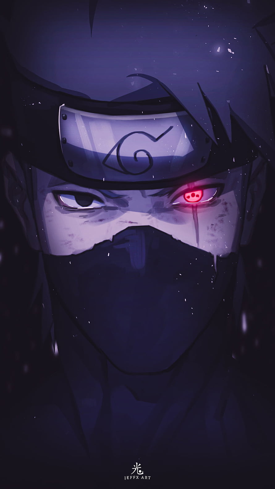 Hatake Kakashi Sharingan Close-Up Portrait in Dark Purple Anime Style HD phone wallpaper