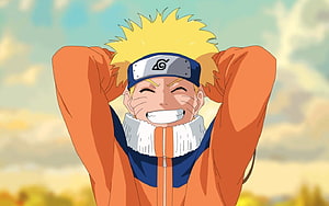 Naruto Uzumaki Smiling Joyfully with Hands Behind Head in Orange Jacket HD wallpaper