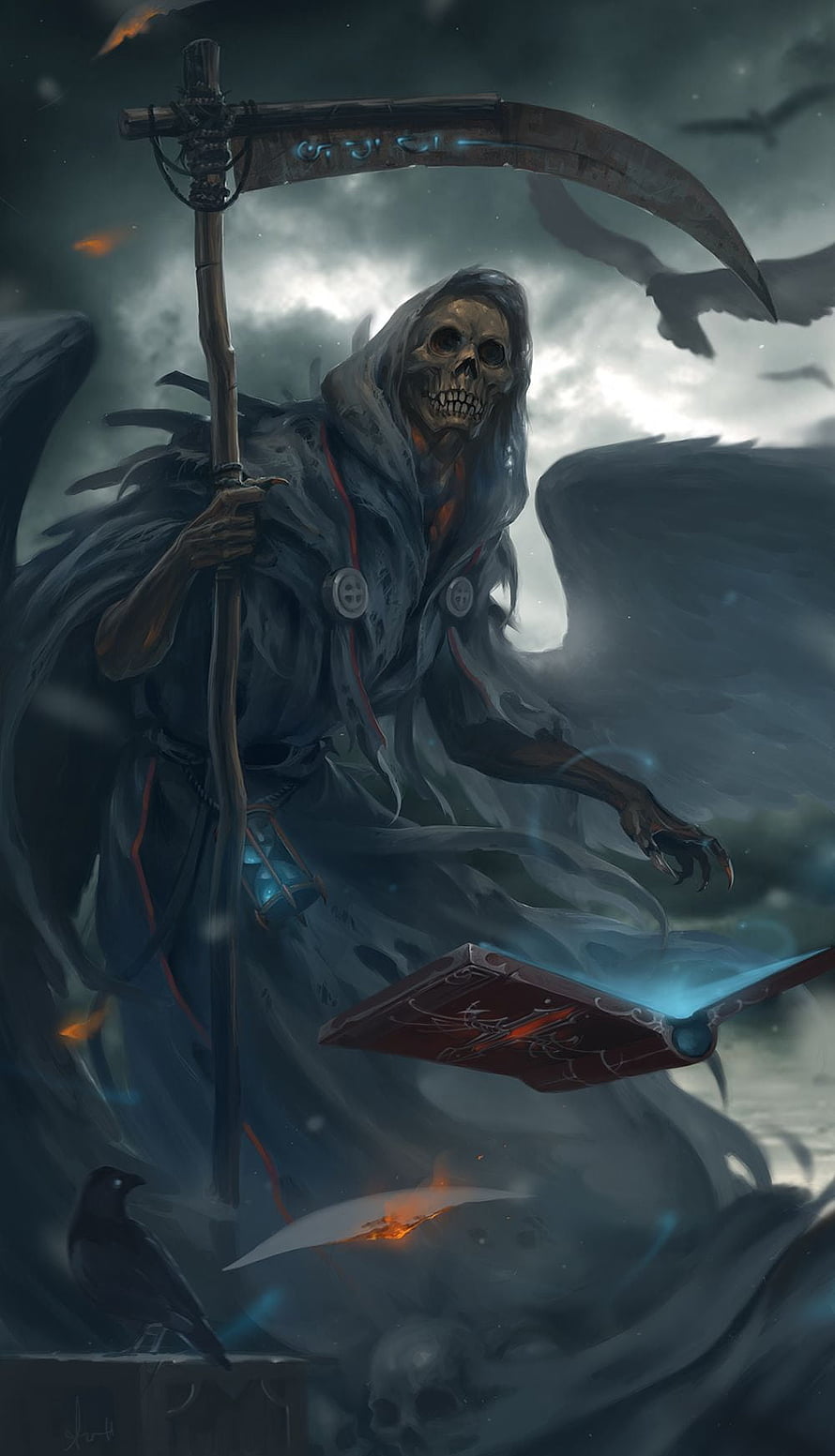 Grim Reaper with Scythe and Floating Grimoire in Dark Fantasy Landscape HD phone wallpaper