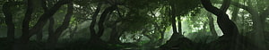Misty Ancient Forest with Twisted Trees and Sunbeams HD wallpaper