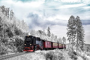 Vintage Steam Locomotive Pulling Maroon Carriages Through Snowy Forest Landscape HD wallpaper