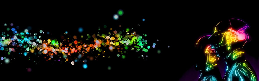 Neon Daft Punk Silhouettes with Vibrant Bokeh Light Particles on Black Background HD wallpaper