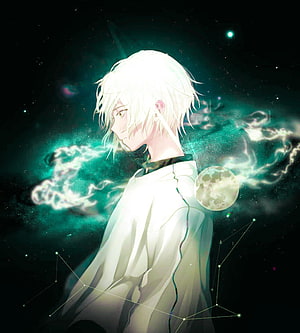 White-Haired Anime Boy in White Robe Against a Teal Cosmic Nebula and Constellations HD phone wallpaper