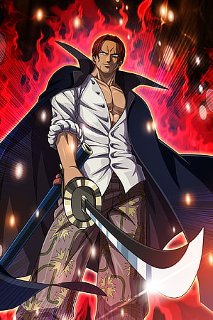 Shanks from One Piece in Dramatic Anime Artwork with Sword and Fiery Red Background HD phone wallpaper