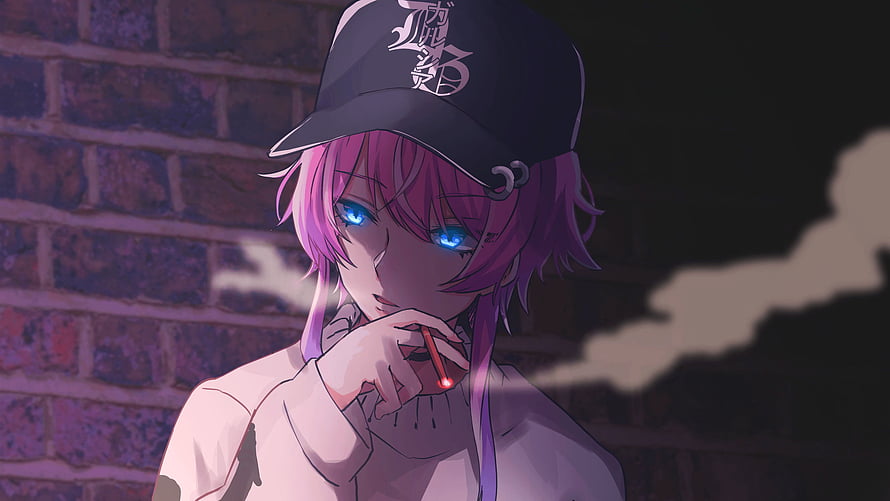 Pink-Haired Anime Girl Smoking Cigarette in Cap Against Brick Wall HD wallpaper