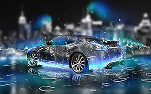 Sleek Sports Car Splashing Through Water with Neon Blue City Lights HD wallpaper