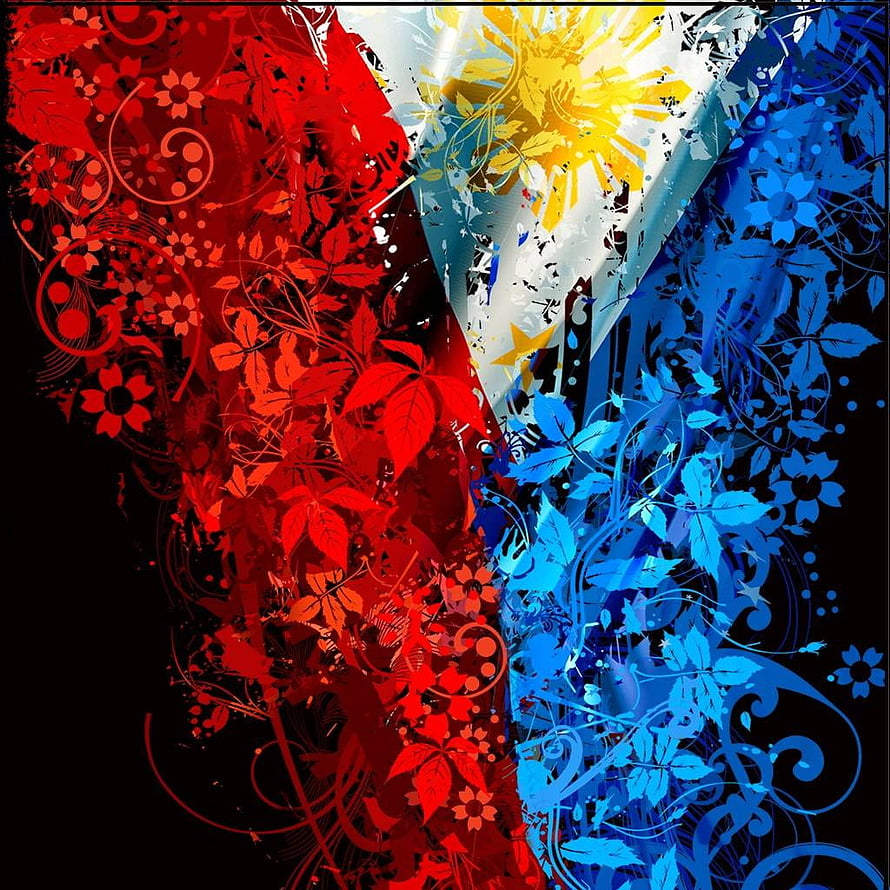 Philippine Flag Abstract Floral Design with Red Blue and Yellow Sun Motifs HD phone wallpaper