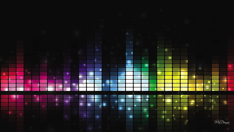 Vibrant Rainbow Audio Equalizer Bars on Dark Background with Reflection HD wallpaper