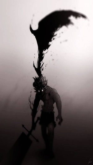 Asta from Black Clover wielding a dark anti-magic blade in a monochrome ink illustration HD phone wallpaper