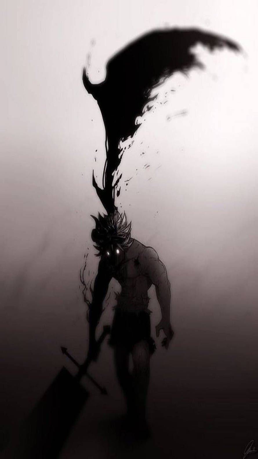 Asta from Black Clover wielding a dark anti-magic blade in a monochrome ink illustration HD phone wallpaper