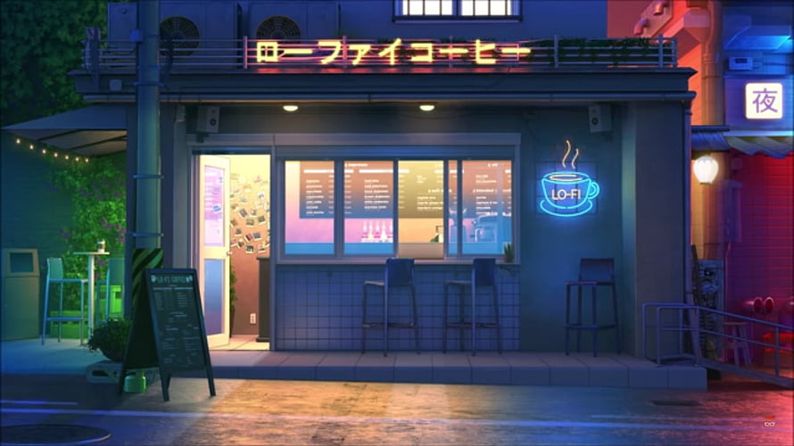 Neon-lit Japanese lo-fi coffee shop at night in anime style with glowing signage and street seating HD wallpaper