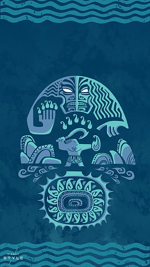 Moana Maui Tiki Style Illustration with Ocean Waves and Polynesian Patterns HD phone wallpaper
