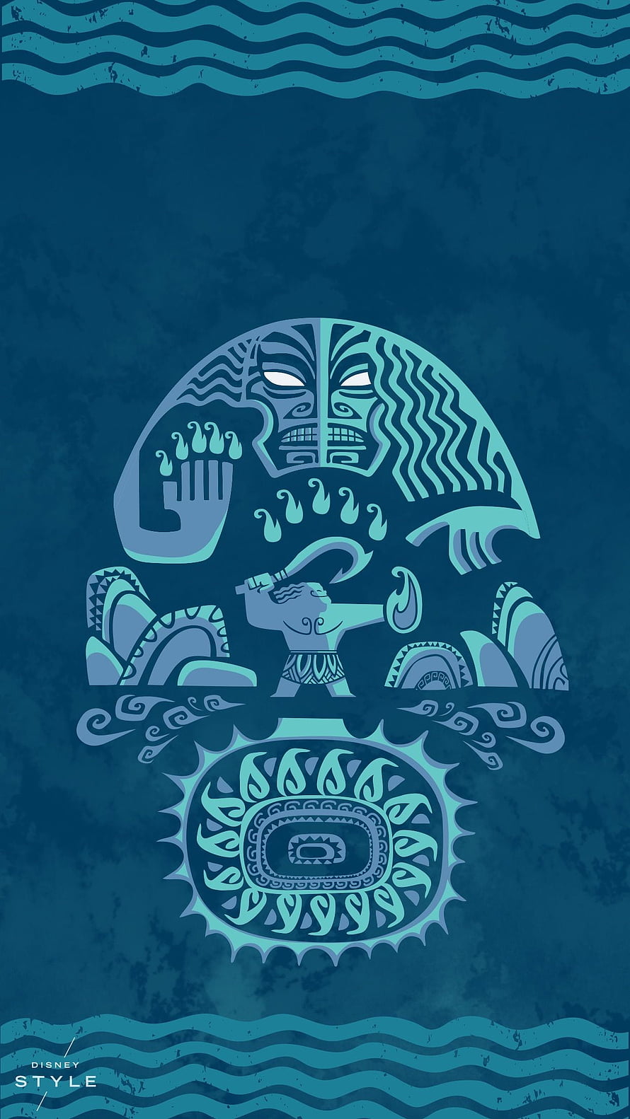 Moana Maui Tiki Style Illustration with Ocean Waves and Polynesian Patterns HD phone wallpaper