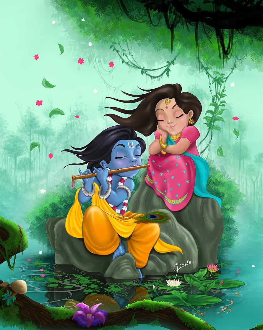 Radha and Krishna Playing Flute in a Lush Forest Setting HD phone wallpaper
