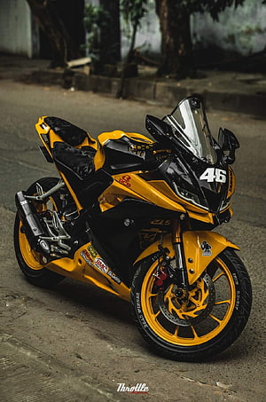 Yellow and Black Yamaha R15 V3 Sportbike with Racing Livery and Number 46 HD phone wallpaper