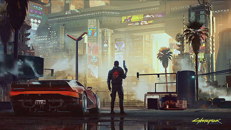 Cyberpunk 2077 Night City Street Scene with Armed Character and Futuristic Sports Car HD wallpaper