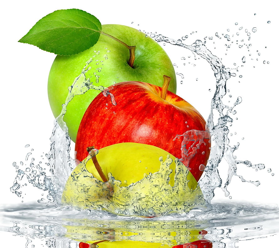 Fresh Red Green And Yellow Apples With Water Splash On White Background HD wallpaper