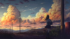 Anime Girl Watching Sunset Over Countryside Road with Power Lines HD wallpaper