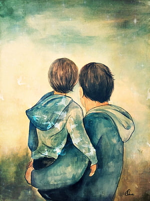 Watercolor Illustration of Father and Son Embracing Under a Starry Sky HD phone wallpaper