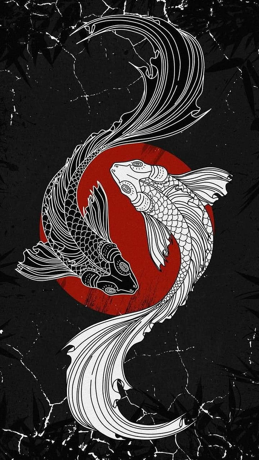 Yin Yang Koi Fish Illustration with Red Sun on Black Background HD phone wallpaper