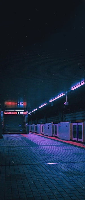 Empty Train Station Platform at Night with Neon Blue and Purple Lighting HD phone wallpaper