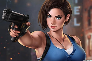Jill Valentine from Resident Evil 3 Remake Aiming Pistol in Digital Fantasy Art HD wallpaper