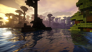 Minecraft Mangrove Swamp at Sunset with Realistic Water Shaders and Atmospheric Fog HD wallpaper