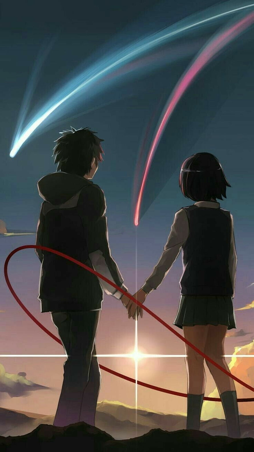 Kimi no Na wa Anime Couple Holding Hands Under Meteor Trails at Sunset HD phone wallpaper