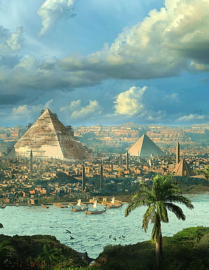 Ancient Egypt Fantasy Cityscape with Pyramids and Nile River HD phone wallpaper