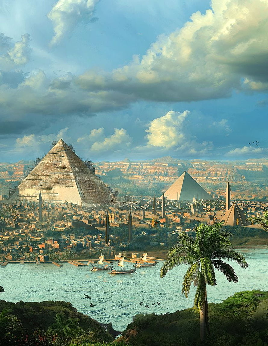 Ancient Egypt Fantasy Cityscape with Pyramids and Nile River HD phone wallpaper