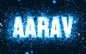 Aarav Name in Glowing Blue Neon with Electric Sparks and Particle Effects HD wallpaper