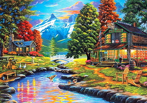 Thomas Kinkade Style Countryside Scene with Stream, Cabin, and Mountain View HD wallpaper