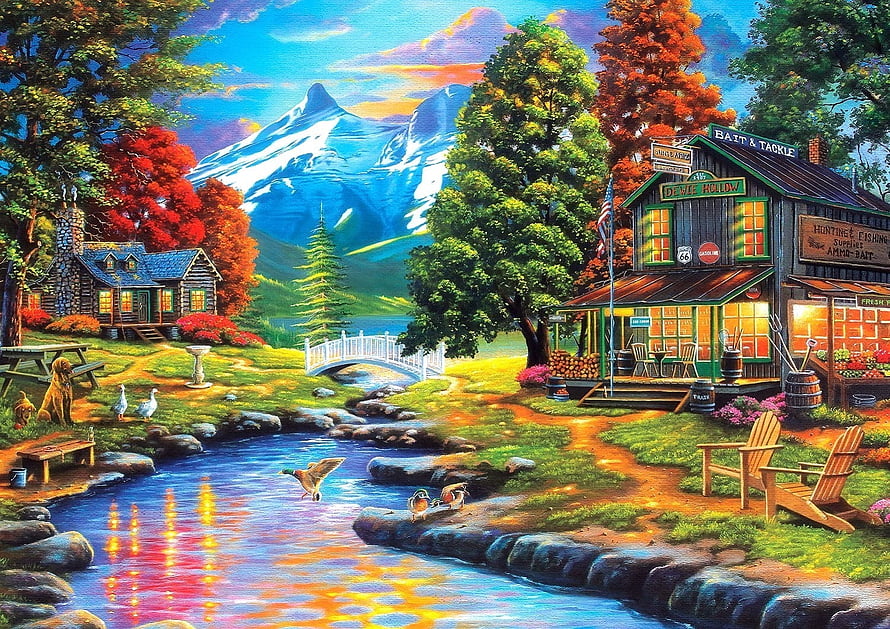 Thomas Kinkade Style Countryside Scene with Stream, Cabin, and Mountain View HD wallpaper