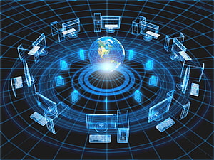 Global Computer Network Concept with Holographic Globe and Connected Workstations HD wallpaper