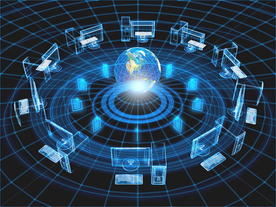 Global Computer Network Concept with Holographic Globe and Connected Workstations HD wallpaper