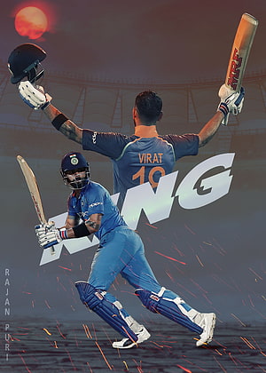 Virat Kohli Cricket Action Artwork with Bat and Helmet in Blue Jersey HD phone wallpaper