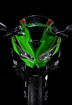 Kawasaki ZX-25R Sportbike Front View with Green Fairing and Dual Headlights on Black Background HD phone wallpaper