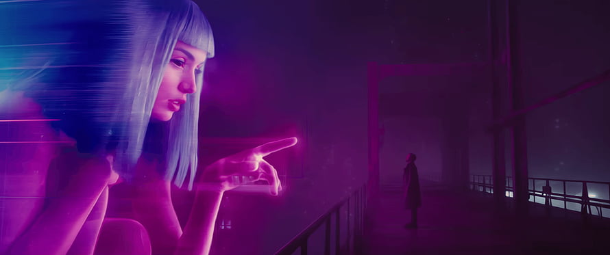 Blade Runner 2049 Neon Noir Scene With Holographic Interface and Distant Figure HD wallpaper