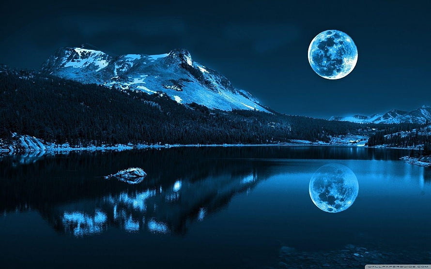 Full Moon Over Snow-Capped Mountain Lake at Night with Perfect Reflection HD wallpaper