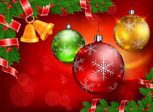 Festive Christmas Ornaments with Snowflakes, Bells, and Holly on a Red Background HD wallpaper