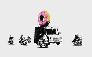 Banksy Street Art: Pink Donut on Police Van with Motorcyclists HD wallpaper