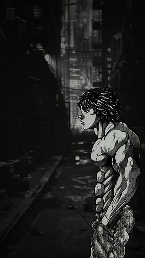 Baki Hanma in a gritty monochrome alleyway, detailed manga-style illustration of the muscular fighter in profile HD phone wallpaper