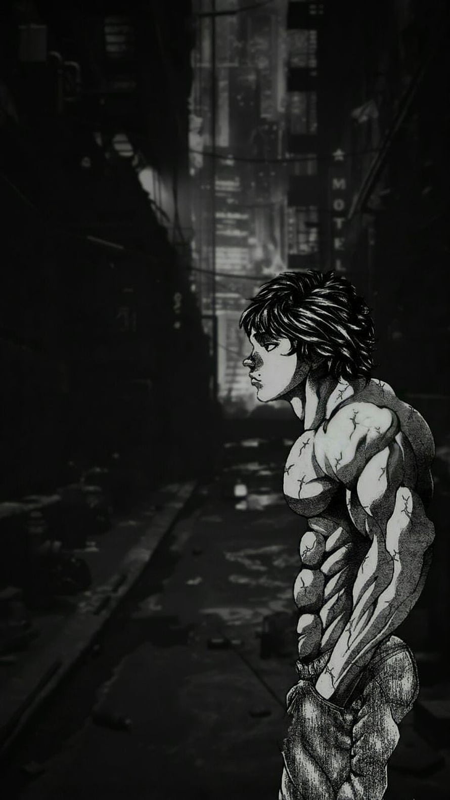 Baki Hanma in a gritty monochrome alleyway, detailed manga-style illustration of the muscular fighter in profile HD phone wallpaper