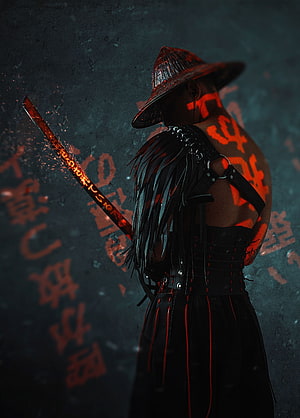 Cyberpunk Samurai Warrior with Glowing Katana and Red Runes in Dark Fantasy Setting HD phone wallpaper