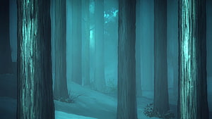 Demon Slayer Demon Forest Scene with Misty Blue Tones and Tall Tree Trunks HD wallpaper