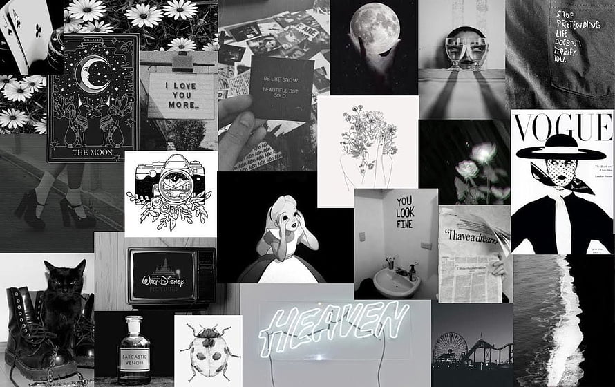 Monochrome Aesthetic Collage Featuring Vintage Photos, Typography, and Illustrations HD wallpaper