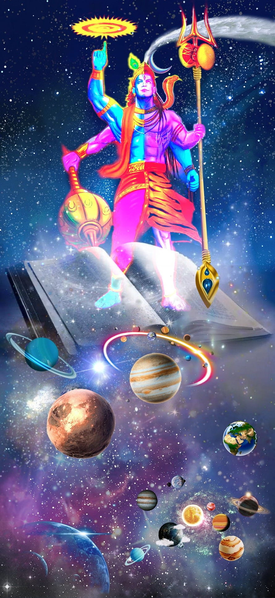 Lord Krishna Cosmic Universe Artwork with Planets and Trishul HD phone wallpaper